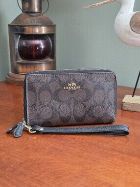Coach F53937 Signature Double Zip Wristlet Wallet Brown Black PVC Leather